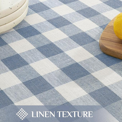 Softalker Checkered Tablecloth Square, Outdoor Linen Cotton Gingham Table Cloth with Tassel, Heavy Duty Wrinkle Free Buffalo Plaid Table Cover for Kitchen Dining Home Party - 55 x 55 Inch, Blue