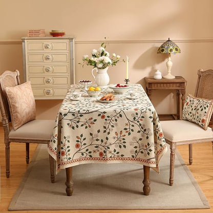 ISAENNE Designer Floral Table Cloth for Rectangle Table,French Linen Light Beige Indoor Tablecloth,Fall Wrinkle Resistant Decor Tablecloths for Dining Thanksgiving Kitchen,55"*79"-Flora A