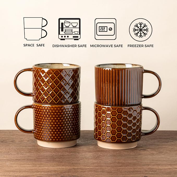 GBhome 12 OZ Stackable Coffee Mugs Set of 4, Ceramic Coffee Cups Set | 4 - Image 7