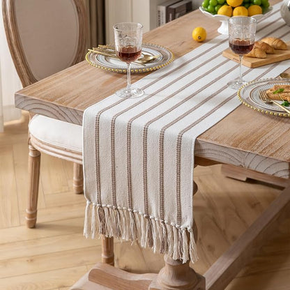 Caflife Boho Table Runner 60 Inchs Long Taupe and Beige, Cotton and Linen Woven - Image 2