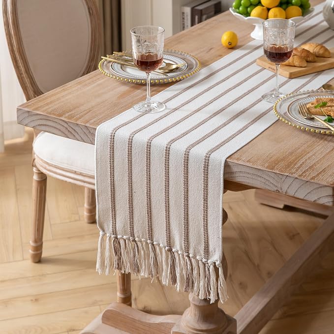 Caflife Boho Table Runner 72 Inchs Long Taupe and Beige, Cotton and Linen Woven - Image 2