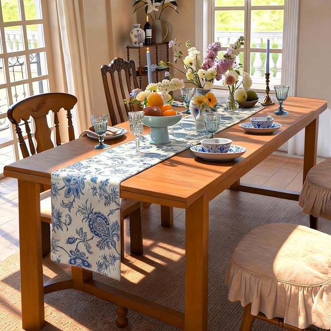 Waterproof Beige and Blue Table Runner - Image 2