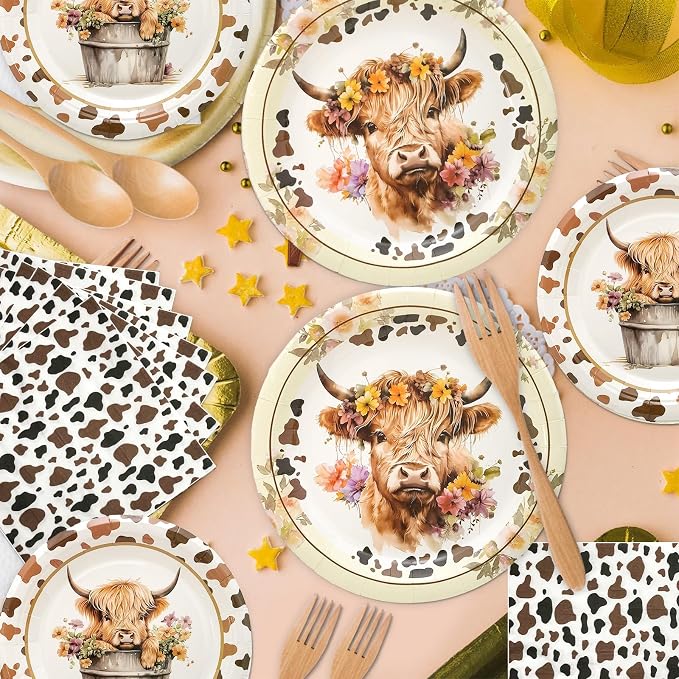 180PCS Highland Cow Paper Plates and Napkins Party Supplies Serve 60 | Brown - Image 5