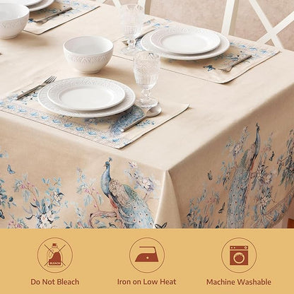 Maison d' Hermine Premium Table Cloth Rectangle Table 100% Combed Cotton 140 x 70 Inches Tablecloth Reusable Decorative for Dining Room, Home, Party, Festive & Wedding - Peacock Utopia - Sandy Beach