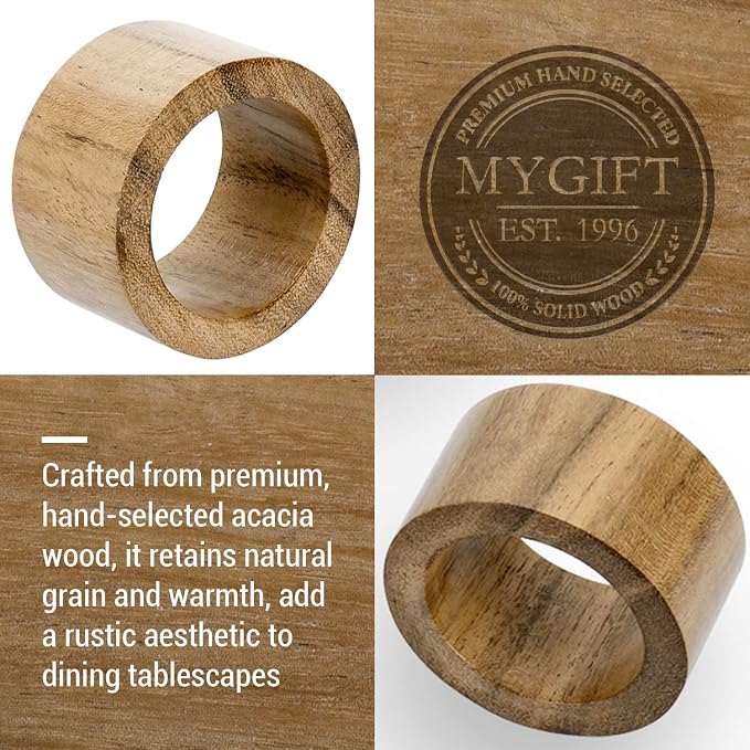 MyGift Set of 6 Acacia Wood Round Napkin Rings, Rustic Dinner Table Decor | - Image 3