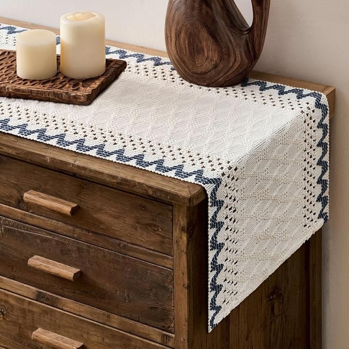 Macrame Side Trim Boho Woven Table Runner, Dusty Blue 12x36 Inch | Crochet by ZEEMARTONLINE
