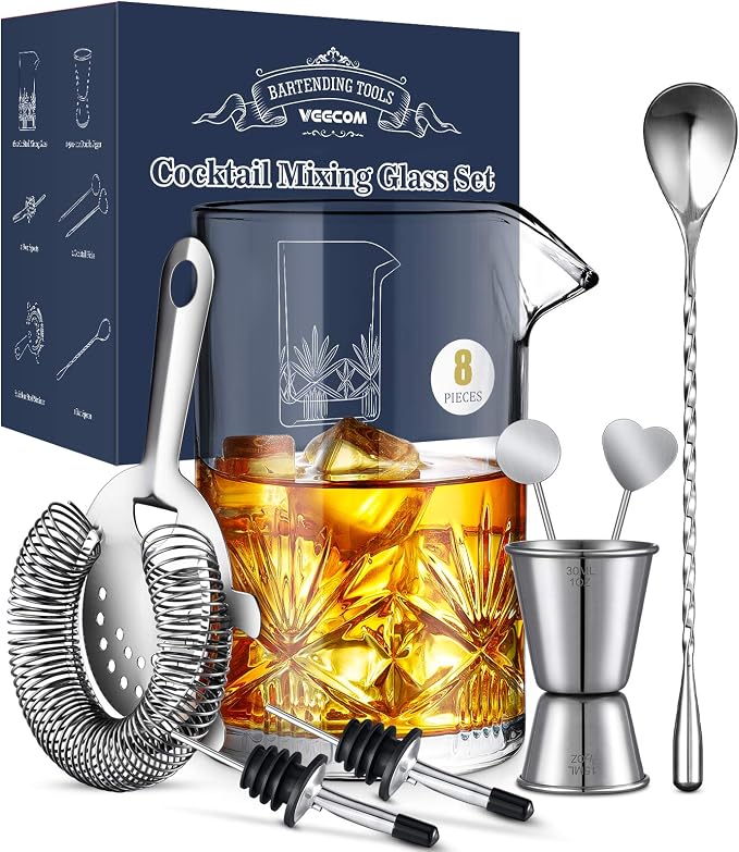 Cocktail Mixing Glass, veecom 18oz Crystal Mixing Glass Bartender Kit, 8 Piece by veecom