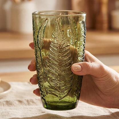 Green Drinking Glasses Set of 8, 16 oz Glass Cups, Vintage Fern Glassware | - Image 3