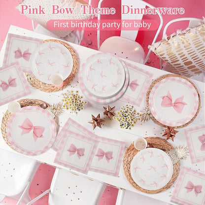 60PCS Pink Bow Paper Plates and Napkins Party Supplies Serve 20 | Disposable - Image 4