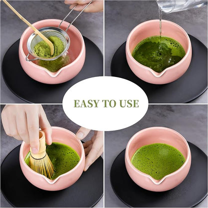 YIBO Matcha Whisk Set Pink, Handcrafted Bamboo Chasen & Ceramic Bowl Matcha Kit - Image 4