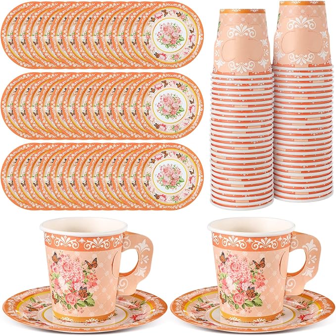 Nuogo 200 Pcs Floral Paper Tea Cups and Saucers 7 oz Disposable Paper Teacups by Nuogo
