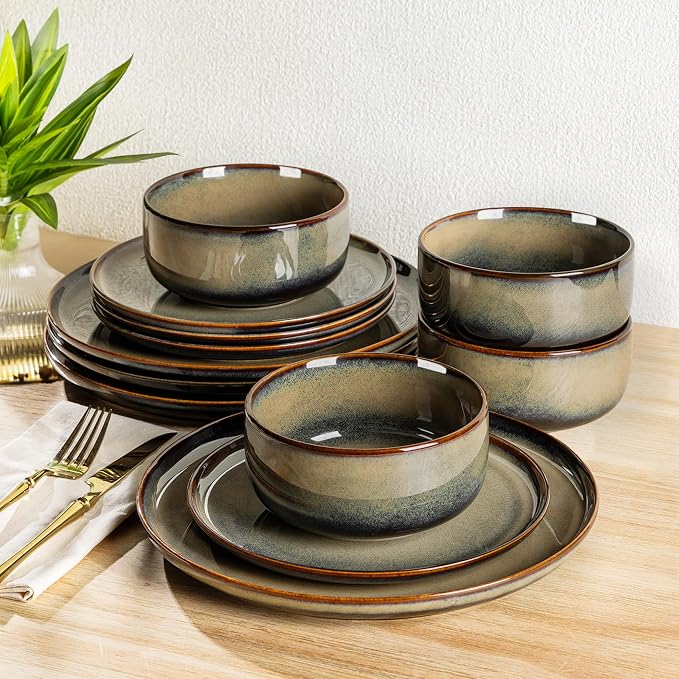 Ceramic Dinnerware Set for 4, 12-Piece Plates and Bowls Set | Handmade Reactive by TheTerra
