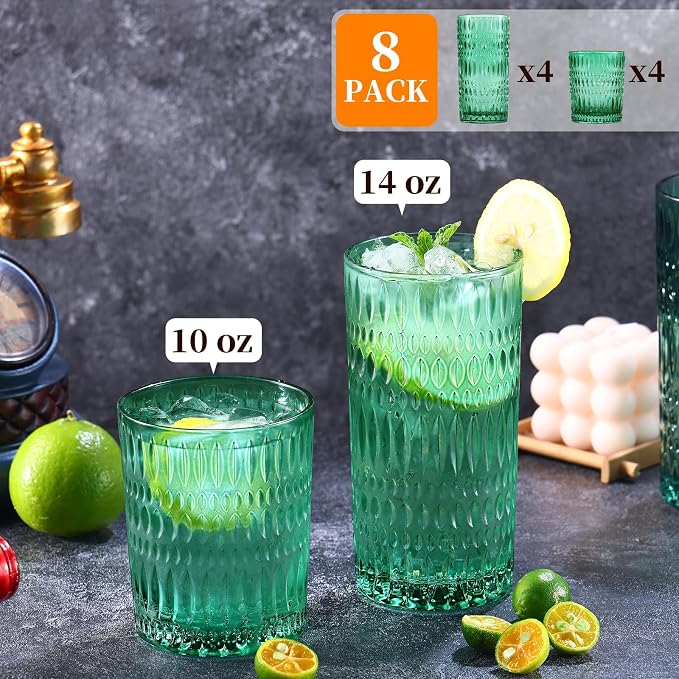 Loivttvv Glassware Drinking Glasses Set of 8, 14 oz Highball Glasses & 10 oz - Image 2