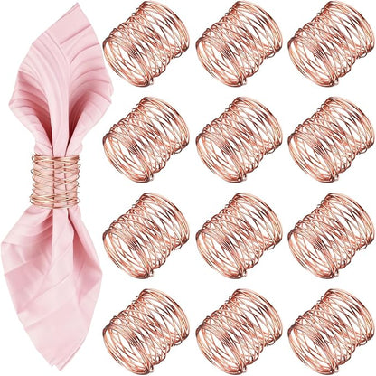 12 Pieces Napkin Rings Holders Handmade Round Mesh Heavy Duty Metal Napkin Rings Holder for Dinner Decoration Dining Table Parties Wedding Christmas (Rose Gold)