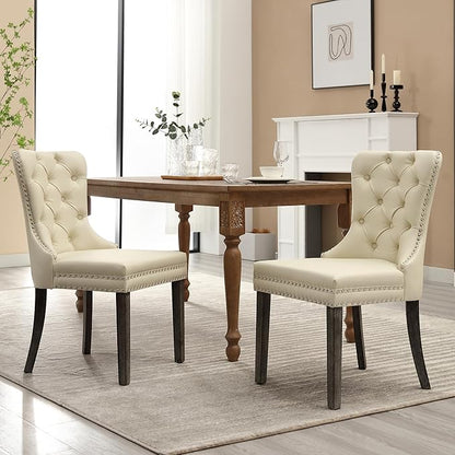 KCC Faux Leather Dining Chairs Set of 2, Upholstered High-end Tufted Dining Room Chair with Nailhead Back Ring Pull Trim Solid Wood Legs, Contemporary Nikki Collection Modern Style for Kitchen, Beige