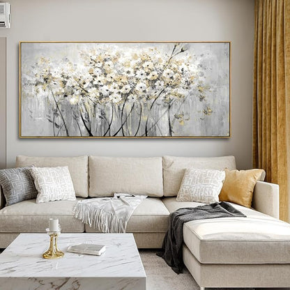 VAYIMDH White and Gold Canvas Wall Art Flower Photo Prints Vintage Wood Wall Decor 40"x86" Kitchen Artwork Pictures for Bedroom
