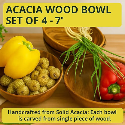 Wooden Salad Bowl Set – Set of 4 Acacia Wood 7” Wood Salad Bowls for Food, Rustic Handcrafted Kitchenware for Snacks, Fruit & Sides, Gift-Ready for Holidays & Housewarming