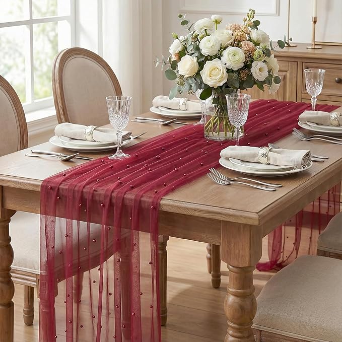 Artoid Mode Pearl Burgundy Gauze Table Runner 120 Inch 10FT, Seasonal Sheer Dining Holiday Wedding Birthday Baby Shower Table Decor for Home Party