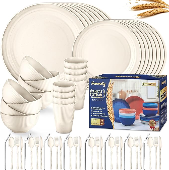 Wheat Straw Dinnerware Sets, 64-Piece Beige Plates and Bowls Sets by HOMMALY