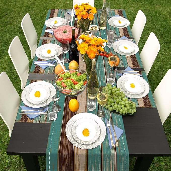 Table Runner and Placemats Set of 6, Farmhouse Teal | Blue Board Painting Art - Image 7