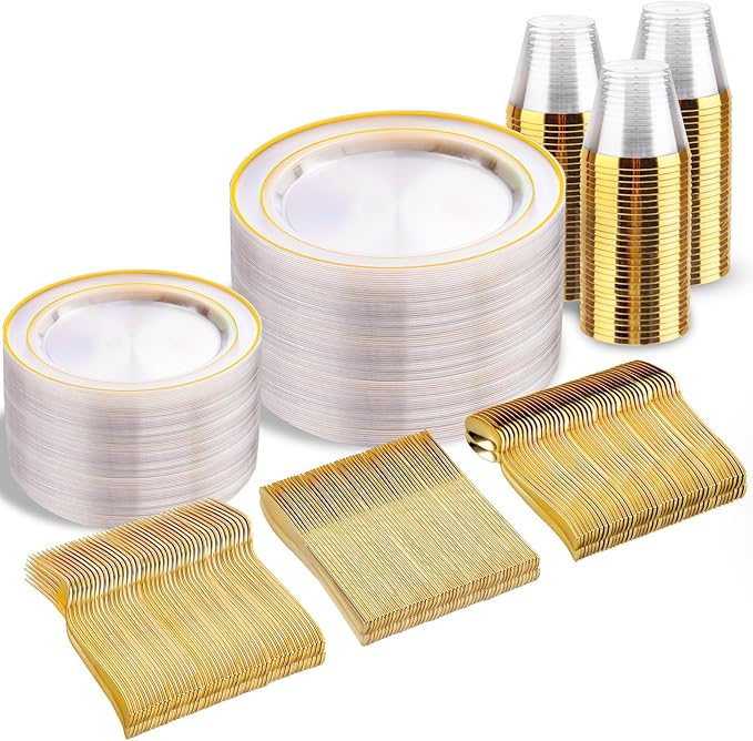 bUCLA 300Pcs Clear Gold Plastic Disposable Dinnerware Set by BUCLA