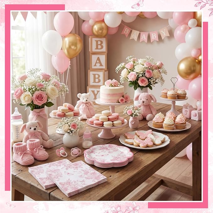 50 Pcs Pink Floral Plates and Napkins, Bridal Baby Showe - Image 5