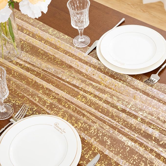 SiinvdaBZX Beige Gold Sheer Tulle Table Runner 120 Inch/10 Ft Long | Gauze - Image 6