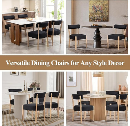 Dining Chairs Set of 4, Mid-Century Modern Wooden Kitchen Chairs with Linen Upholstery - Low-Back Woven Design for Kitchen & Dining Room,Black Fabric