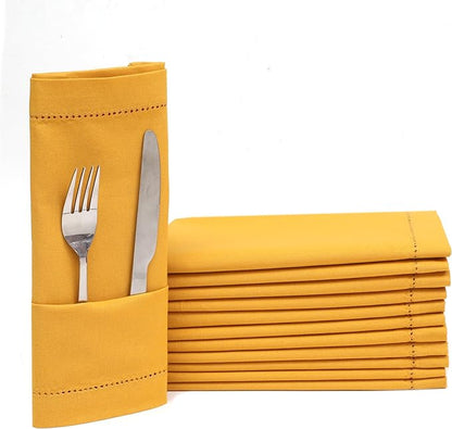 Lightnpro Decorative Cloth Dinner Napkins with Hemstitched, Wedding, Cocktail & Party Napkins, Mitered Corners, Machine Washable, 12 Elegant Table Napkins for Special Occasions - 18x18 Inch Mustard
