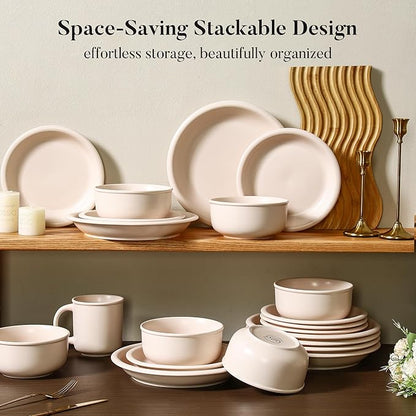 GZG Vintage Series - Ceramic Dinnerware Set for 4, 12 Pieces Stoneware Plates and Bowls Set, Lead-Free, Handcrafted Dishes Set, Microwave & Dishwasher Safe - Cream White