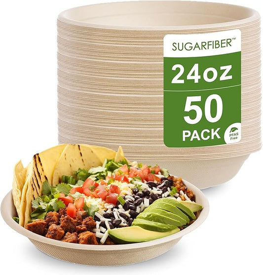 [50 COUNT]Harvest Pack PFAS FREE 24oz Compostable Bowls - Paper Round Heavy-Duty Eco-Friendly Disposable Bagasse Bowl, sugarcane made plant fibers for Meal Prep