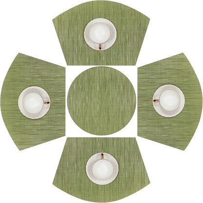 SHACOS Small Round Table Placemats Set of 5 Woven Vinyl Wedge Placemats with Centerpiece Round Table Mats Heat Resistant Wipe Clean (5, Green)