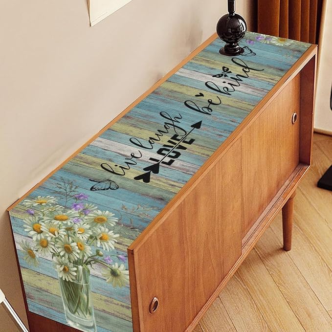 White Daisy Table Runner, Rustic Spring Sunflowers Floral Flower Vase Wooden - Image 2
