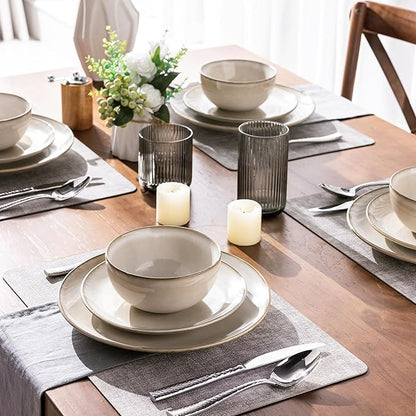 GBHOME Ceramic Dinnerware Sets for 4, 12 Pieces Stoneware Plates and Bowls Sets, Reactive Glaze Dishes -Scratch Resistant, Dishwasher&Microwave Safe-Cappuccino
