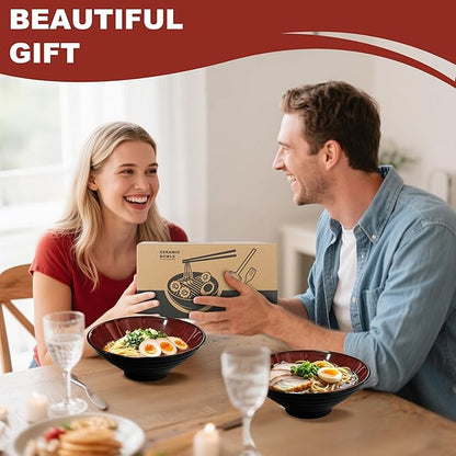 8-Inch 2 Sets Ceramic Ramen Bowl (8 Piece) - Japanese Porcelain Dishwasher Microwave Safe Salad Noodles Cereal Pasta Soup Large Bowls with Chopsticks Forks Spoons for Men Women Housewarming Gift