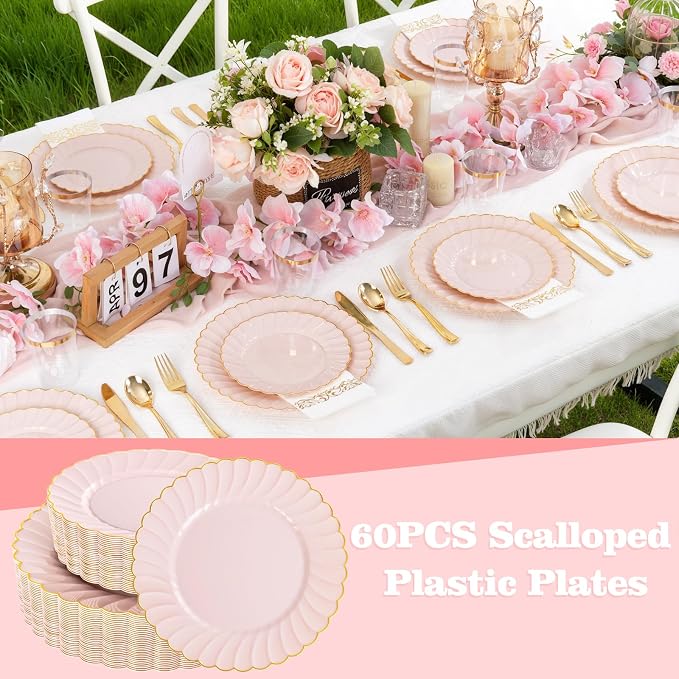 YOUBET 60PCS Pink Scalloped Plastic Plates - Image 6