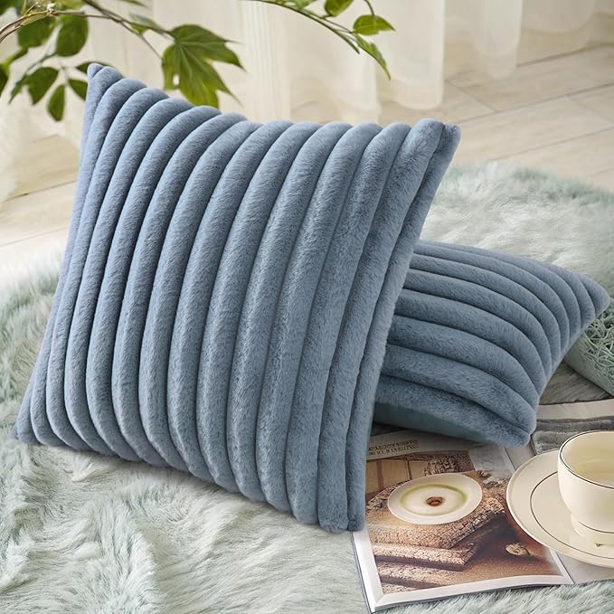 decorUhome Cozy Faux Fur Spring Throw Pillow Covers 20x20 Set of 2 Decorative Soft Plush Striped Modern Farmhouse Boho Couch Pillow Cases with Velvet Back for Sofa Bed Living Room, Grey Blue