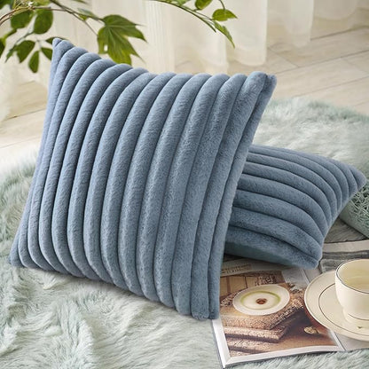 decorUhome Cozy Faux Fur Throw Pillow Covers 22x22 Set of 2 Decorative Soft Plush Striped Modern Farmhouse Boho Couch Euro Sham Pillow Cases with Velvet Back for Sofa Bed Living Room, Grey Blue