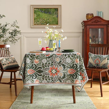 ISAENNE Designer Bohemian Linen Green Rectangular Tablecloth,Floral Indoor Table Cloth,Stain Resistant Decor Tablecloths for Dining Thanksgiving Kitchen Party Christmas,55"*87"-Naples