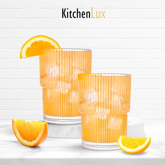 Kitchen Lux Ribbed Glass Cups 15oz Lowball Short Rocks Glass | Stackable Ribbed - Image 8