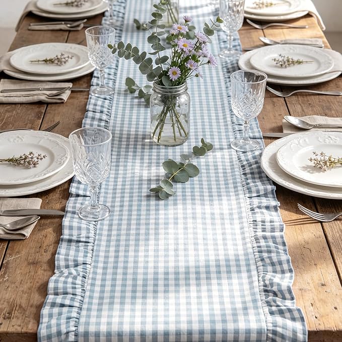 Eternal Beauty 14x72 Gingham Ruffle Table Runner, 100% Washed Cotton Plaid - Image 2