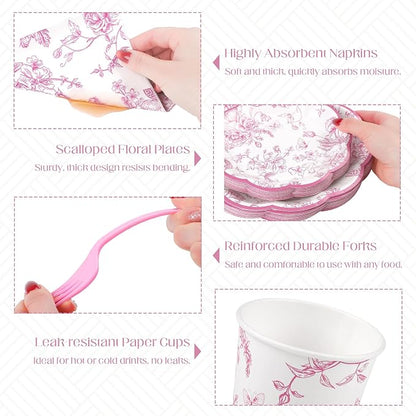 Kochorie 144 Pieces Pink Floral Paper Plates and Napkins Party Supplies - Image 3