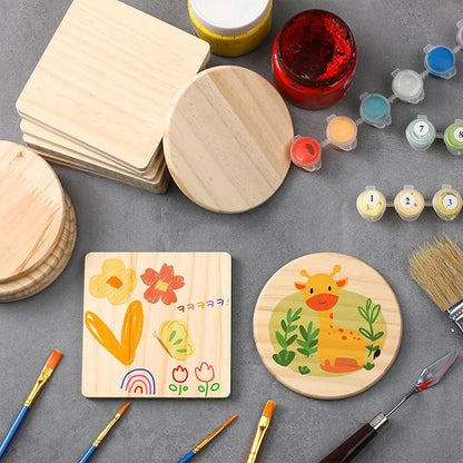 Hushee 72 Pcs Unfinished Wood Coasters 4 Inch Blank Wooden Coasters for Crafts with Non Slip Foam Pad Stickers Wooden Craft Tabletop Protection for Christmas DIY Painting Engraving Home Decoration