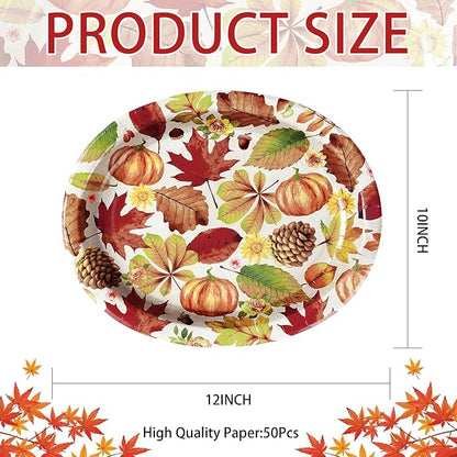 50 Pcs Fall Leaves Pumpkin Oval Plates 10" x 12" Large Disposable 400 GSM Fall Paper Plates Thanksgiving Plate for Fall Themed Party Dinnerware Supplies Thanksgiving Holiday Party Kitchen Table Decor
