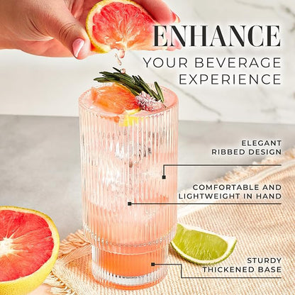 Kitchen Lux Ribbed Glass Cups 12oz Highball Tall Glass | Stackable Ribbed - Image 4
