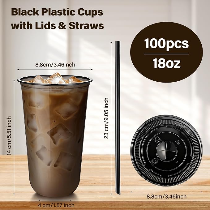 tchrules 100 Set 18oz Black Round Bottom Plastic Cups - Image 2