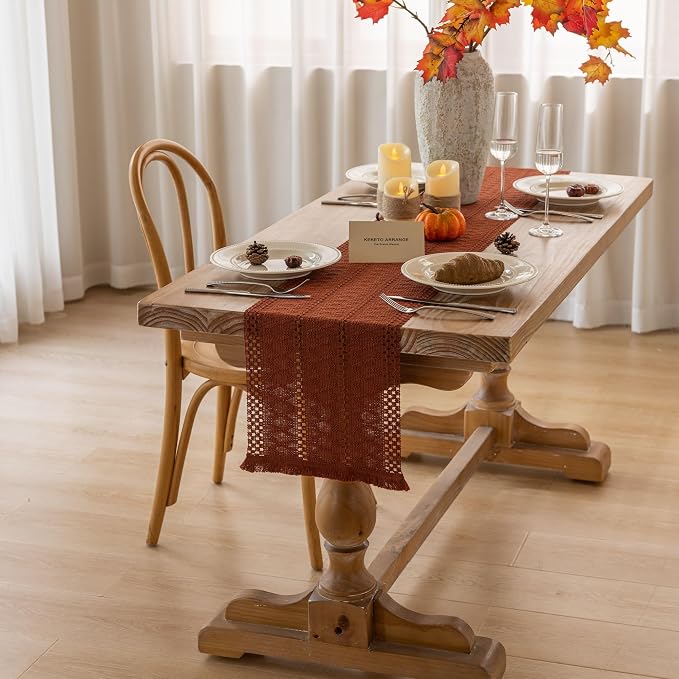 Fall Thanksgiving Boho Macrame Table Runner 12x60 Inch | Woven Burlap Rustic - Image 3
