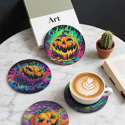 Pumpkin Coasters Leather Round Drink Coasters 6 Pcs Set with Holderor for Cup Drink Coffee Table Bar Home Decor