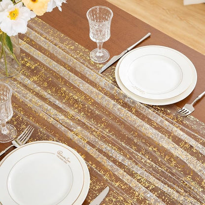 SiinvdaBZX White Gold Sheer Tulle Table Runner 120 Inch/10 Ft Long | Gauze - Image 6
