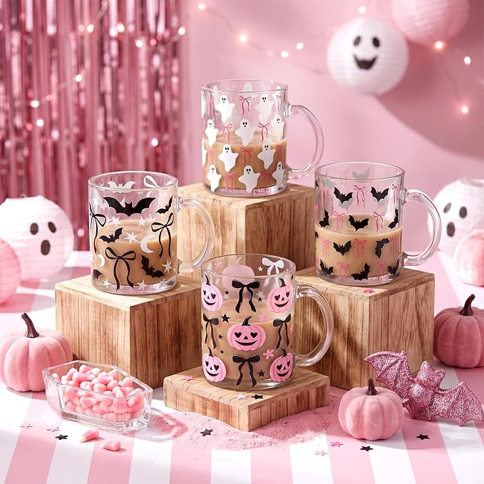 Tioncy 4 Pcs Halloween Coffee Mugs 12 oz Pink Pumpkin Glass Cups - Image 2